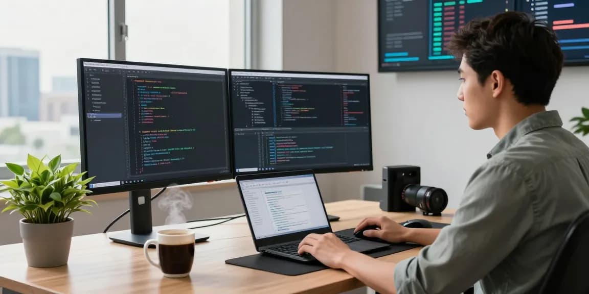 Software developer coding at a modern workspace, showcasing WPS Official Website tools for productivity and innovation.