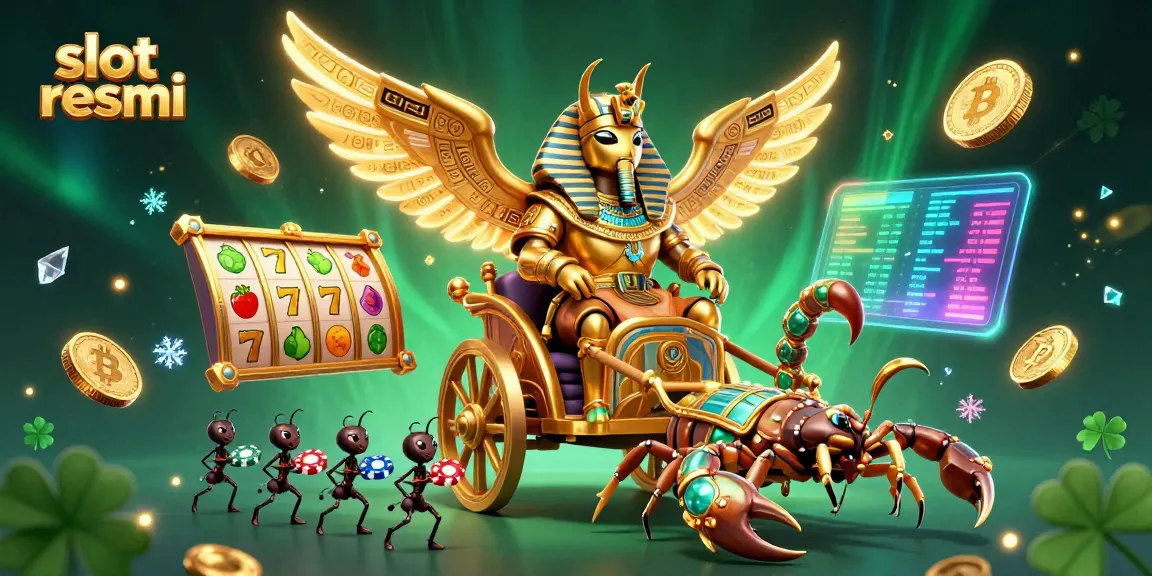 Experience the excitement of slot resmi with a vibrant illustration showcasing a golden scarab beetle and colorful game elements.