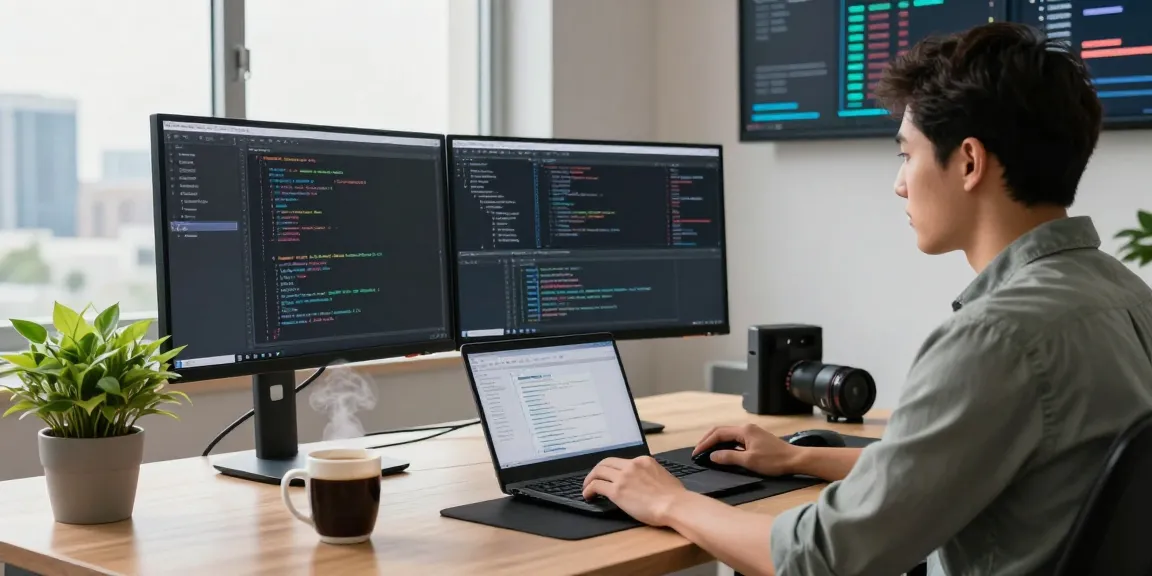 Software developer coding at a modern workspace, showcasing WPS Official Website tools for productivity and innovation.
