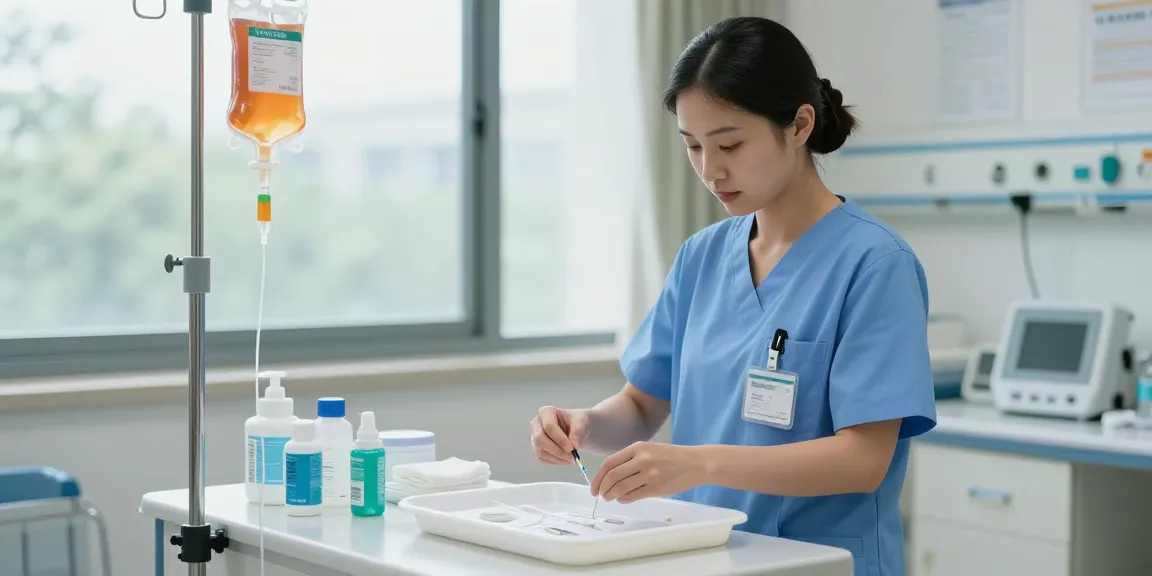 Skilled nurse preparing IV needles with medical supplies in bright clinical environment.