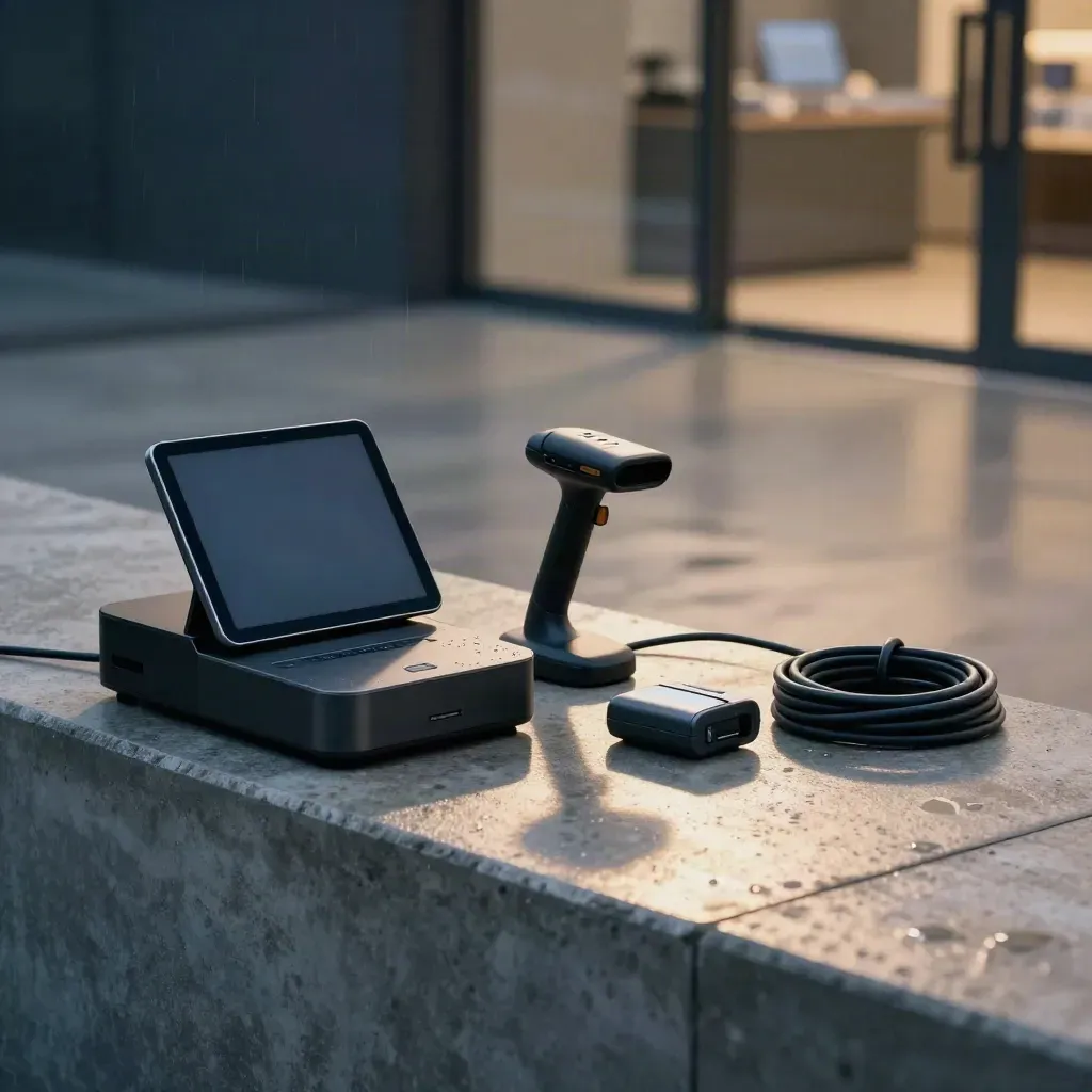 Retail Sync Pro hardware stack on a dark concrete ledge at dawn with retail tools and misty glow.