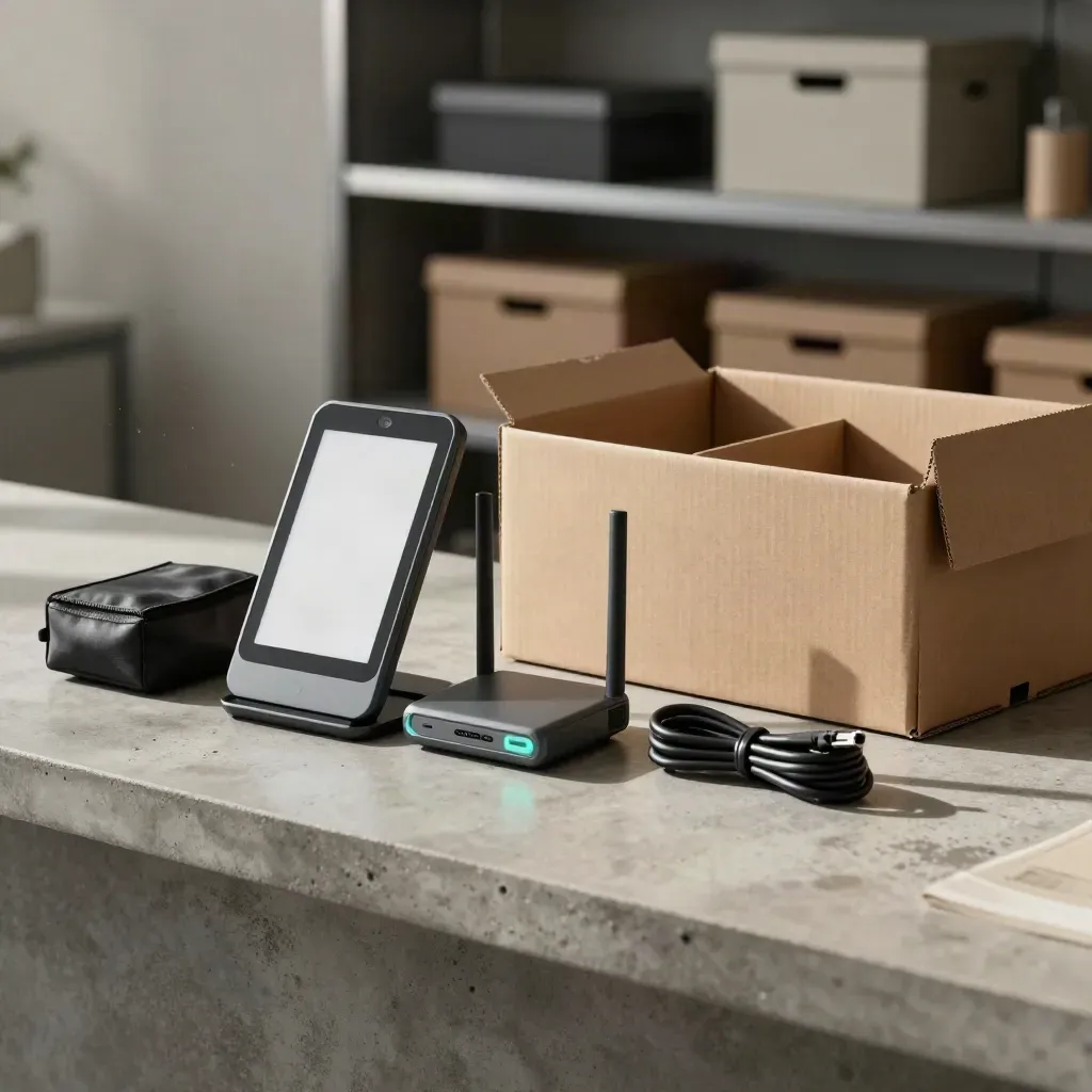 POS terminal, router, cable pouch and shipping carton on a concrete counter in a hazy back room.