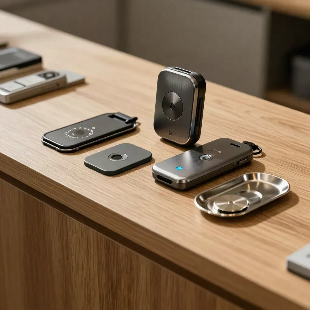Retail loyalty kit with NFC puck, fobs, reader, and chip tray on a pale wood counter.