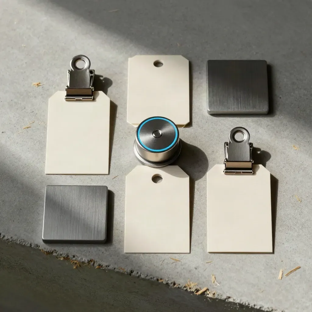 Overhead retail sync kit flatlay with shelf tags, adapter blocks, and central puck
