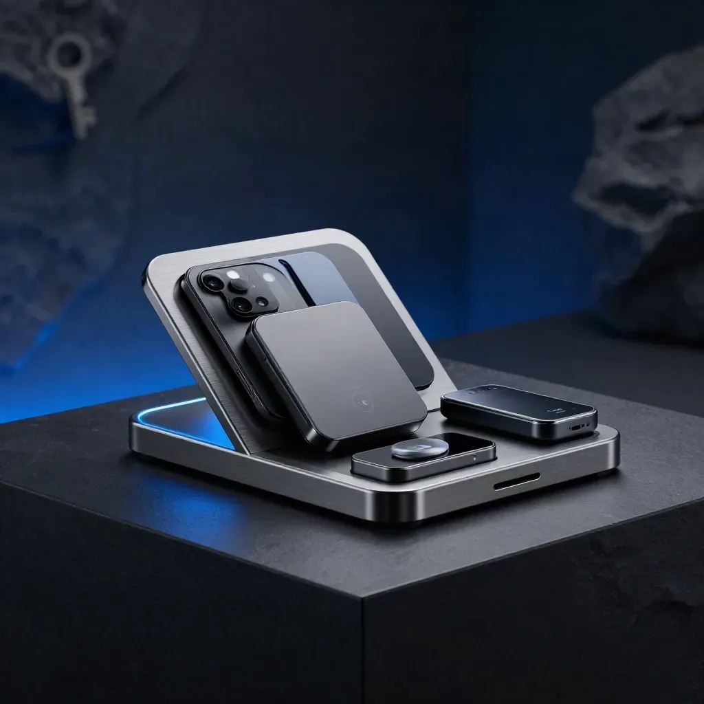 Canadian retail launch kit with POS, inventory, sync and loyalty devices on a dark studio plinth