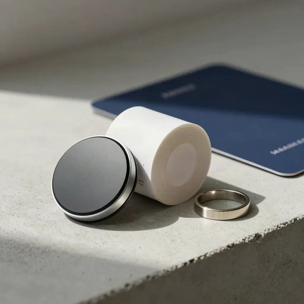 NFC puck, receipt roll, and metal token ring on pale concrete with soft navy backing