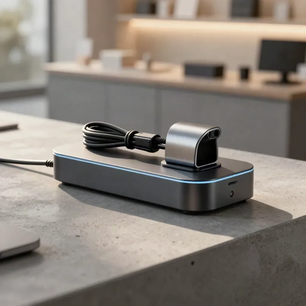 Order sync retail tower with dock, scanner cradle and cable coil on a graphite plinth.