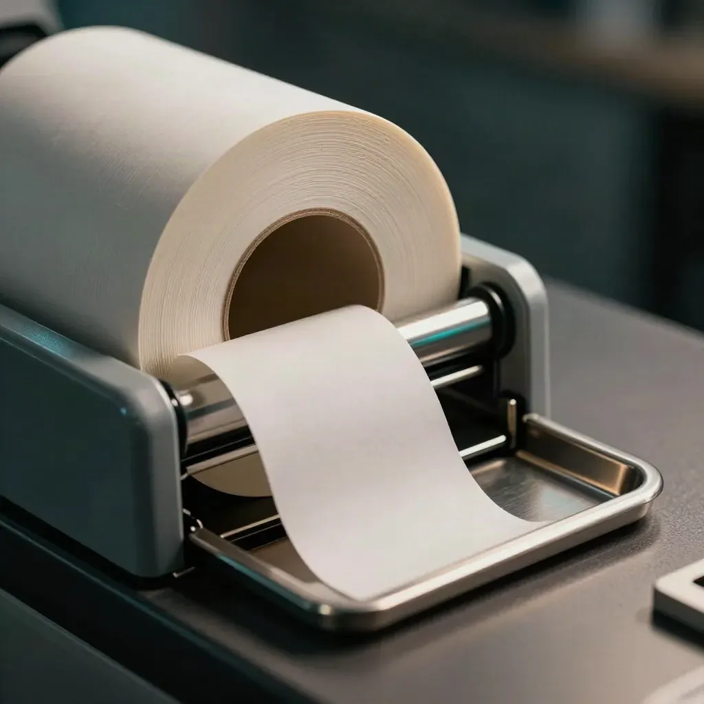 Macro of stacked receipt rolls, dispenser shell and cutter edge in a brushed tray, lit from upper left.