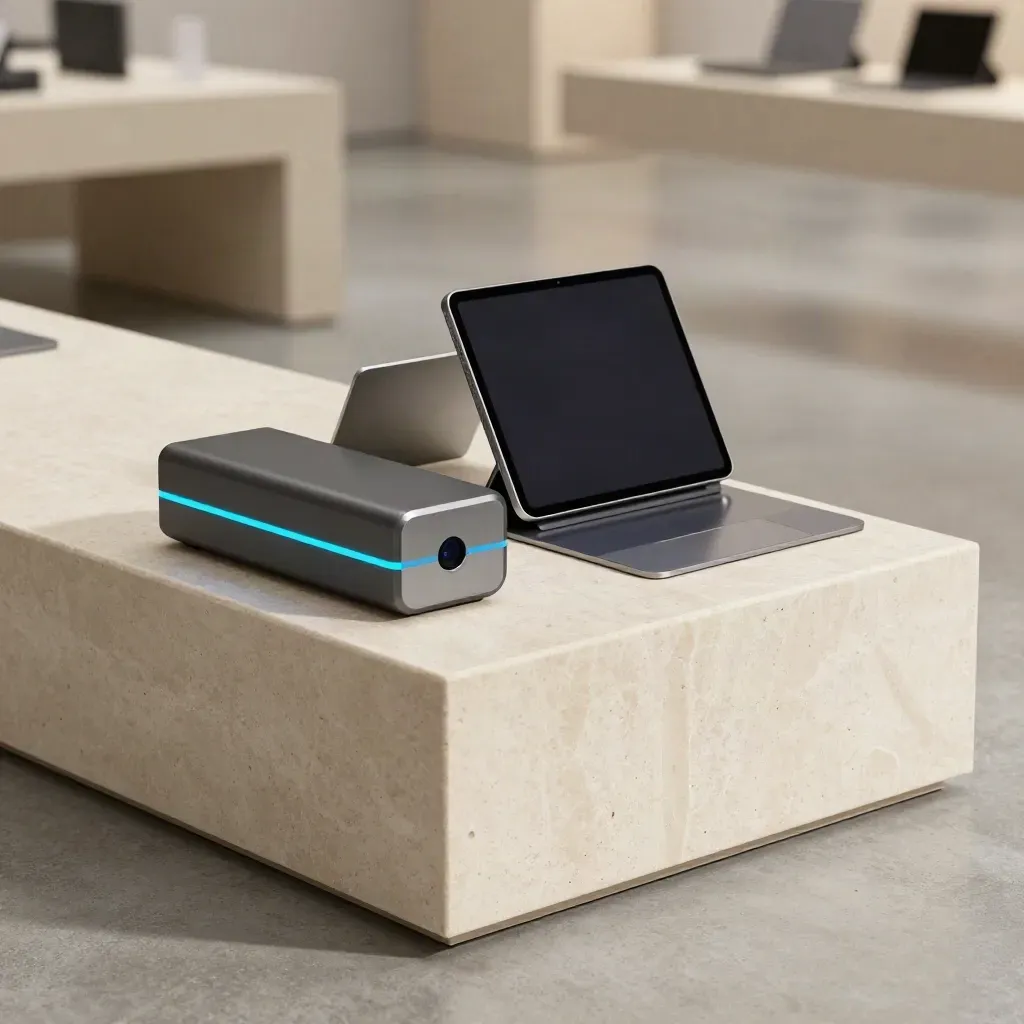 Analytics console, sensor cube, and tablet on a stone pedestal with blue glow.