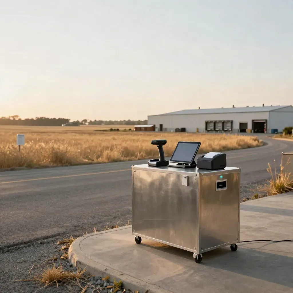 Retail tech devices on a golden prairie service road with warm industrial horizon