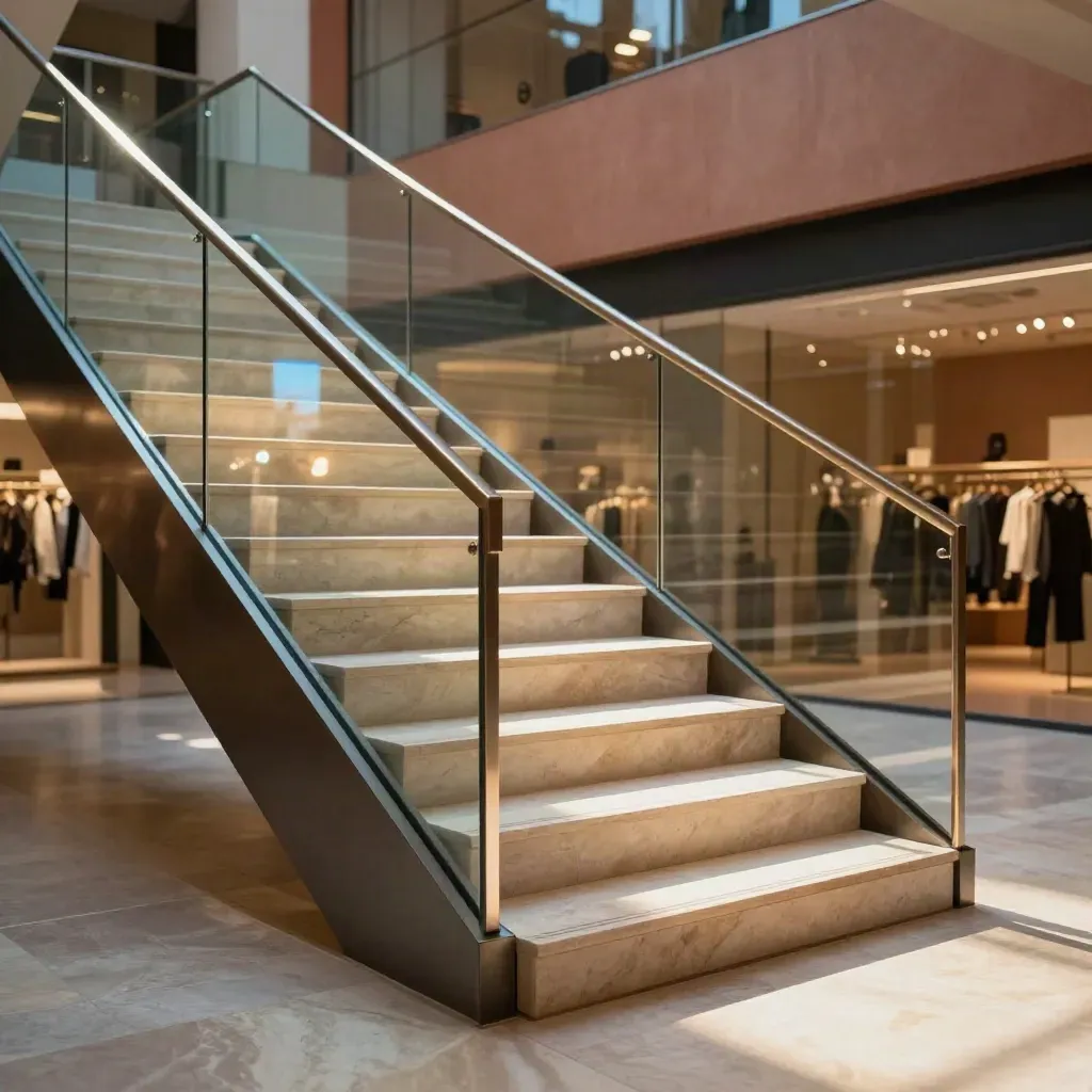 Sunlit storefront stairwell with glazed railings and a shadowed atrium above a calm open floor